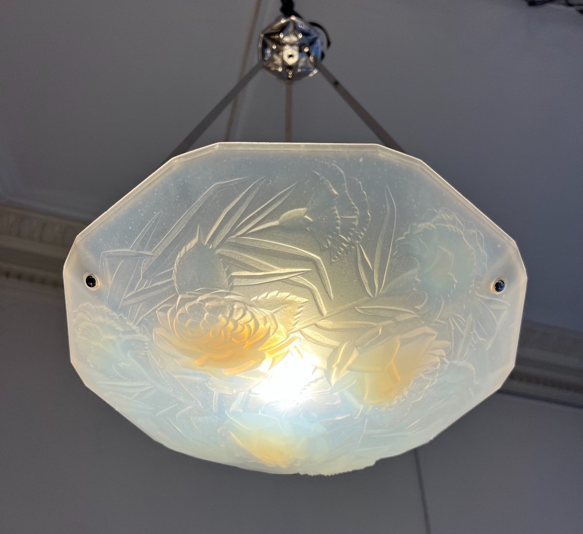 Suspension / Plafonnier Art Déco En Verre Opalescent Signé Roba Paris ( Lustre Art Deco 1930 ) -photo-2