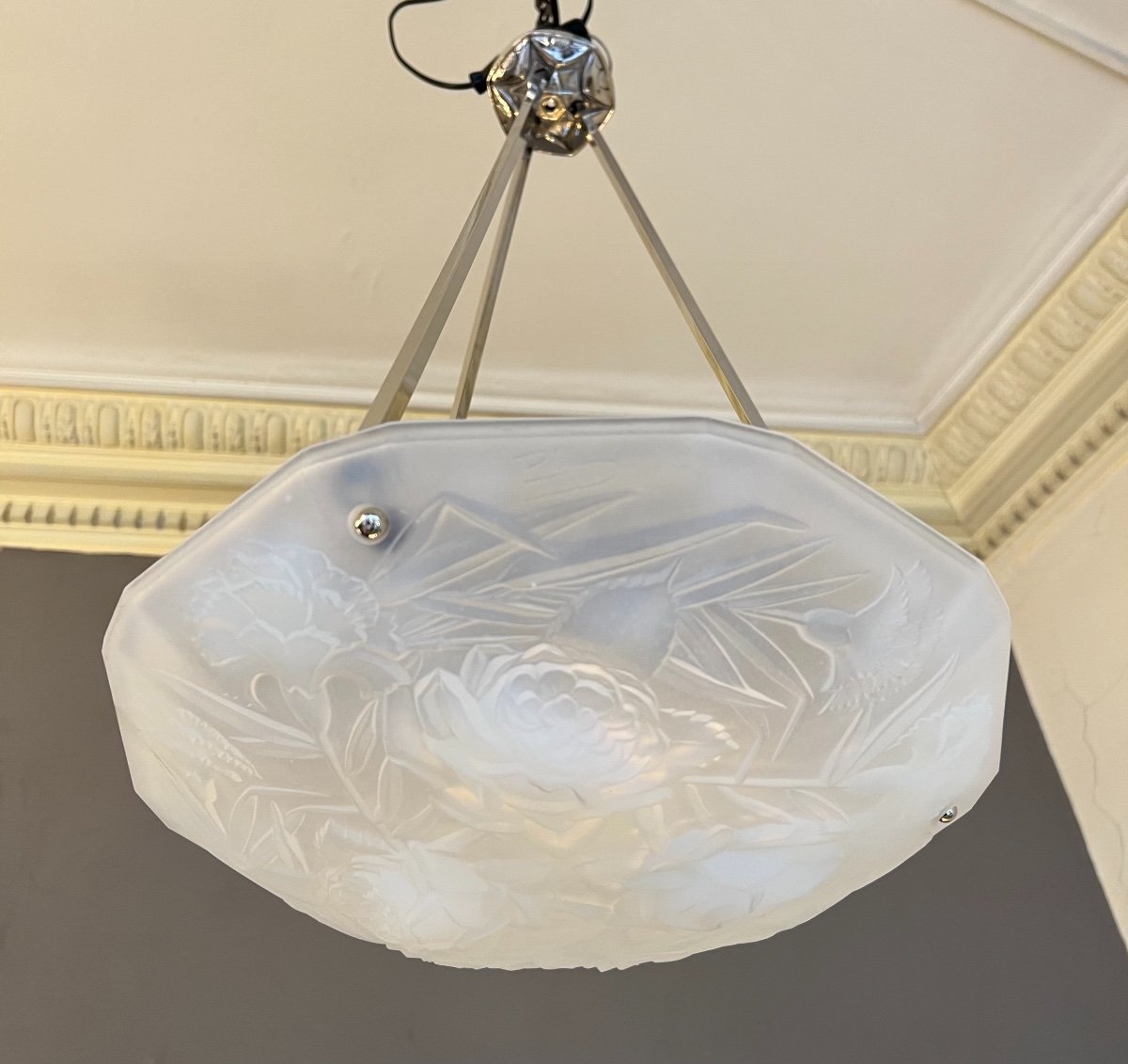 Suspension / Plafonnier Art Déco En Verre Opalescent Signé Roba Paris ( Lustre Art Deco 1930 ) -photo-8