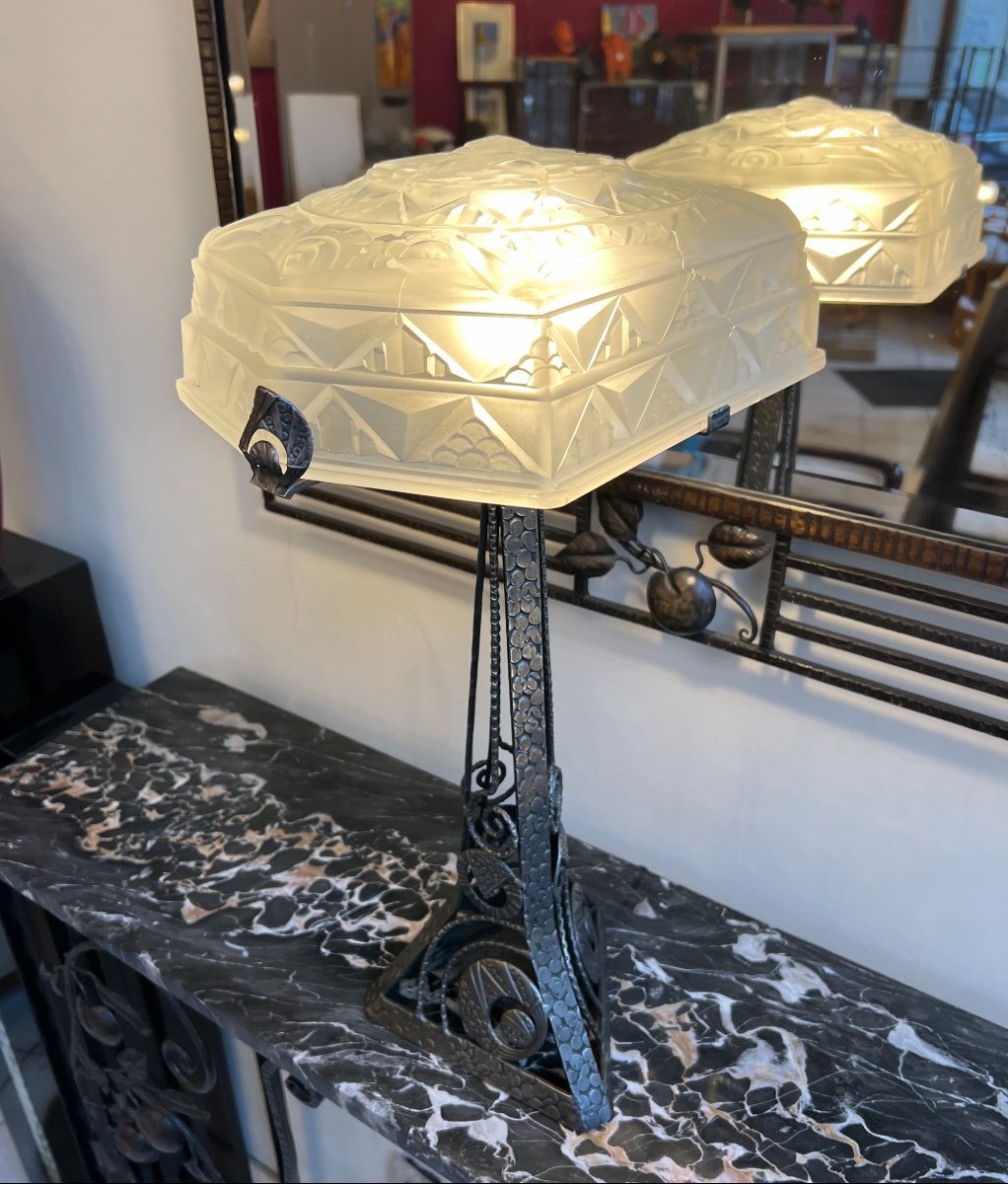 Magnifique Et Importante Lampe Art Déco Verreries Des Hanots Signée ( Lampes Art Deco 1930 ) -photo-4
