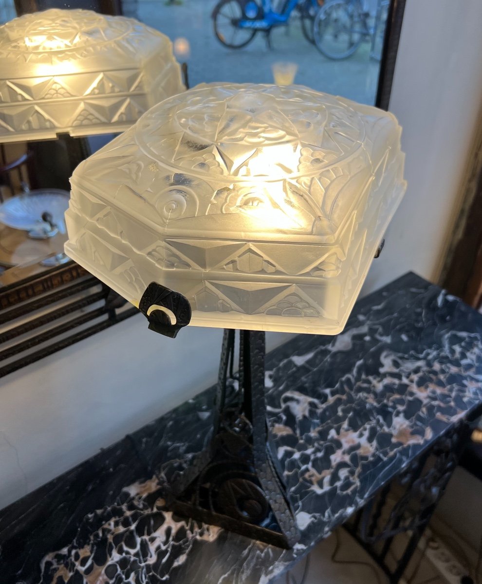 Magnifique Et Importante Lampe Art Déco Verreries Des Hanots Signée ( Lampes Art Deco 1930 ) -photo-3