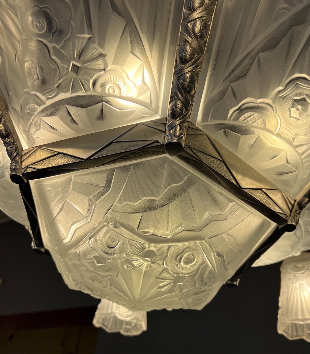 Exceptionnel Lustre Art Déco Signé E.J.G { Etablissement Jean Gauthier } Et J. Robert ( art deco 1930 ) -photo-6