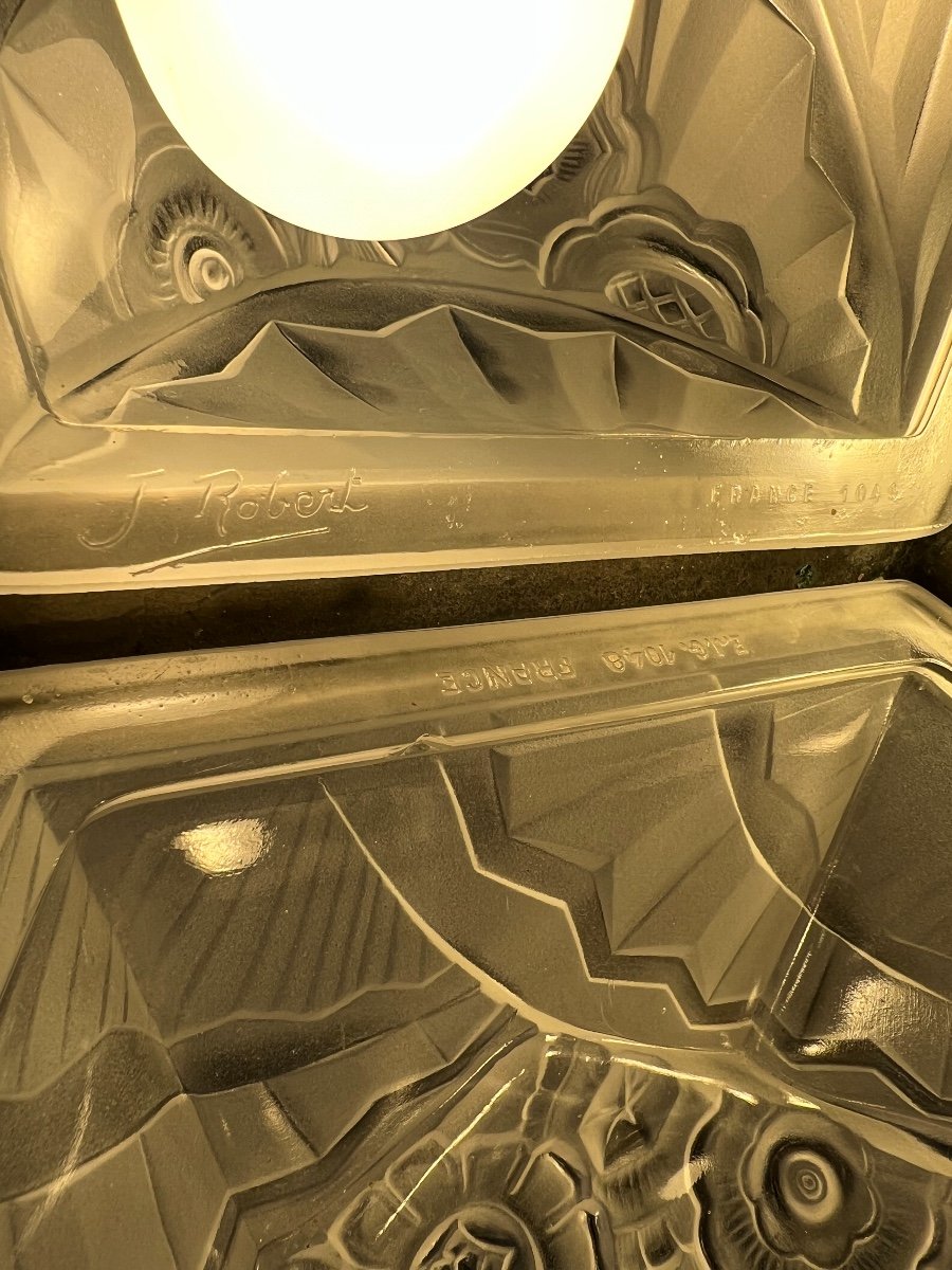 Exceptionnel Lustre Art Déco Signé E.J.G { Etablissement Jean Gauthier } Et J. Robert ( art deco 1930 ) -photo-7