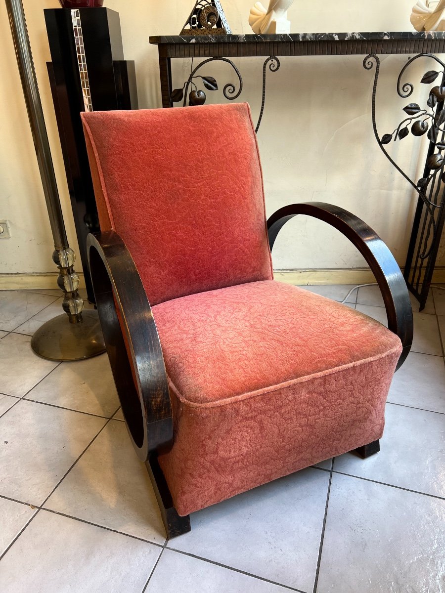 Un Fauteuil Art Déco En Noyer Foncé /  Tissu Velours Et Accotoirs En Amandes ( Art Deco 1930 ) -photo-4