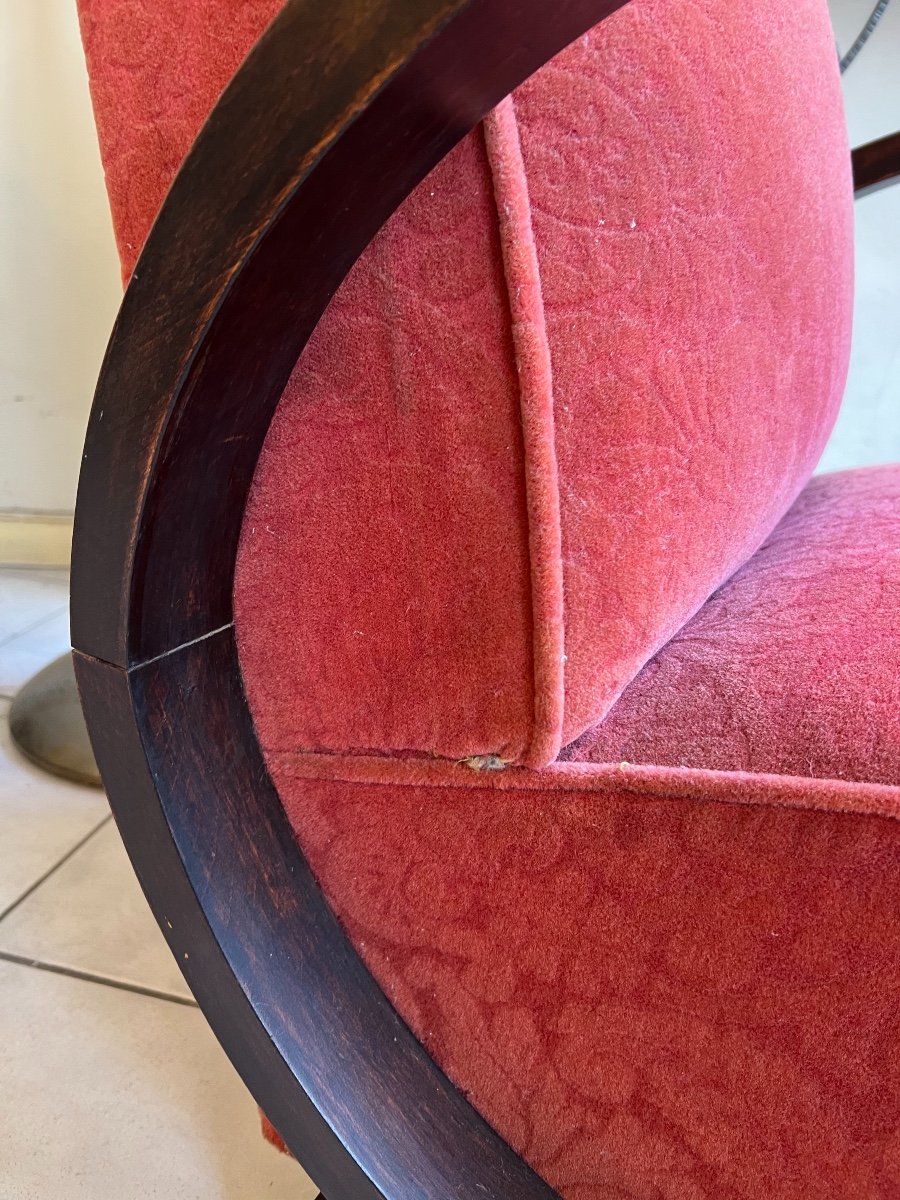Un Fauteuil Art Déco En Noyer Foncé /  Tissu Velours Et Accotoirs En Amandes ( Art Deco 1930 ) -photo-8