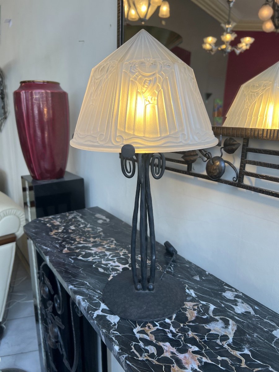 Grande Lampe Art Déco Marcel Vasseur Et Degué { Fer Forgé } ( Lampes Art Deco 1930 ) -photo-2
