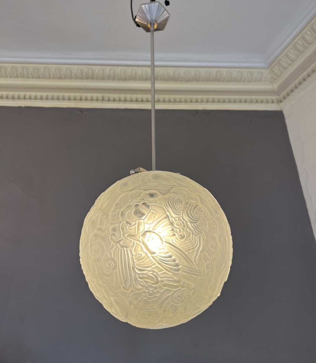 Rarissime Plafonnier / Suspension Art Déco Signé Hettier & Vincent France ( lustre 1930 ) -photo-2