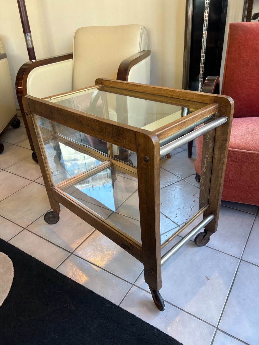Bar On Wheels / Art Deco Service In Solid Wood, Metal, Windows And Mirrors (art Deco 1930-photo-3