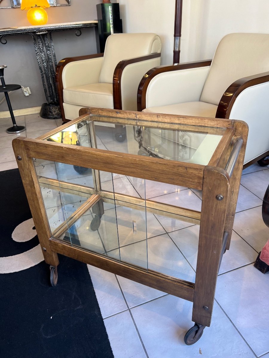 Bar On Wheels / Art Deco Service In Solid Wood, Metal, Windows And Mirrors (art Deco 1930