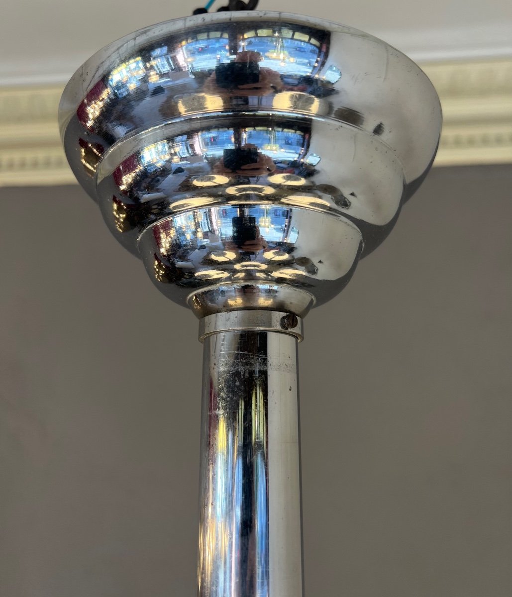 Lustre Art Déco Moderniste à 5 Boules En Opaline Blanche ( Lustres Art Deco 1930 ) -photo-5