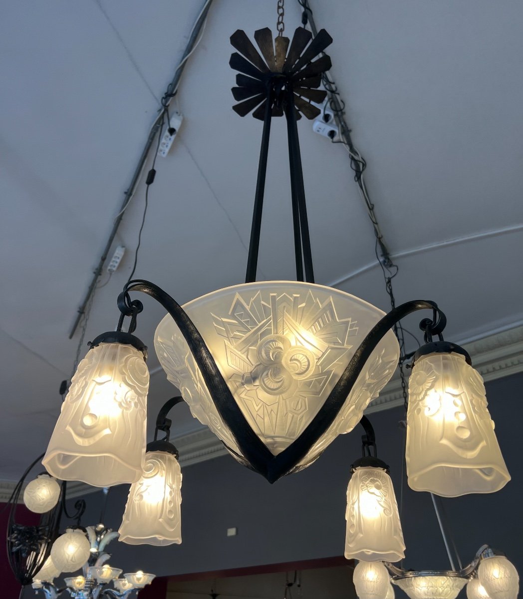 Magnificent Art Deco Val Saint Lambert Chandelier With 4 Plates And 4 Tulips (art Deco Chandeliers 1930)-photo-4