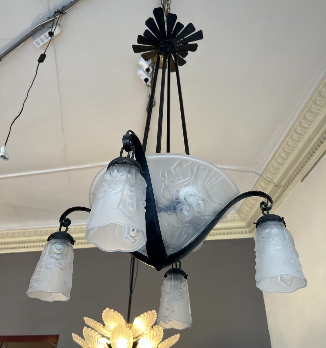 Magnificent Art Deco Val Saint Lambert Chandelier With 4 Plates And 4 Tulips (art Deco Chandeliers 1930)-photo-6