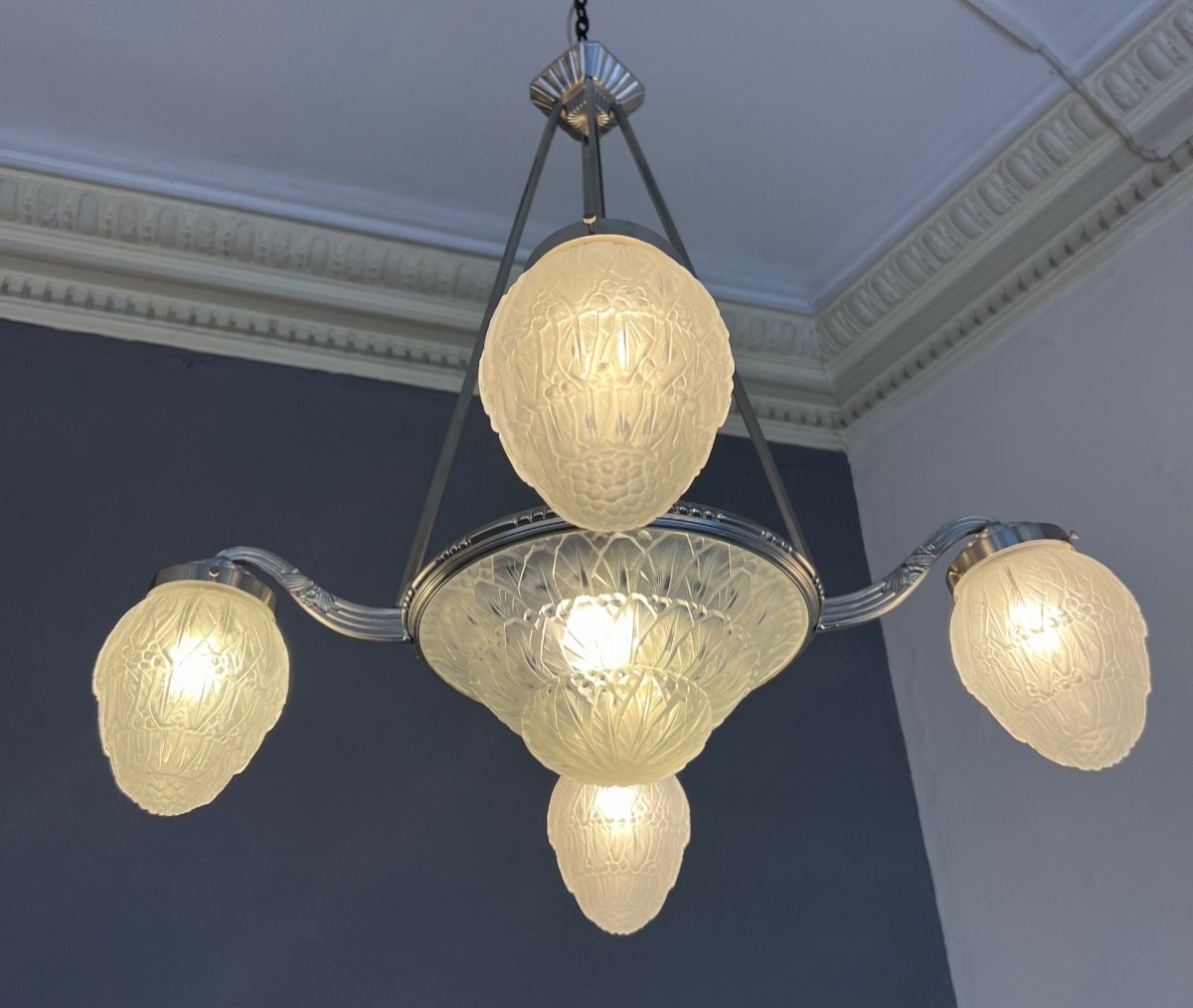 Rare And Sumptuous Art Deco Chandelier Hettier & Vincent {signed} And Baccarat (art Deco 1930)-photo-3