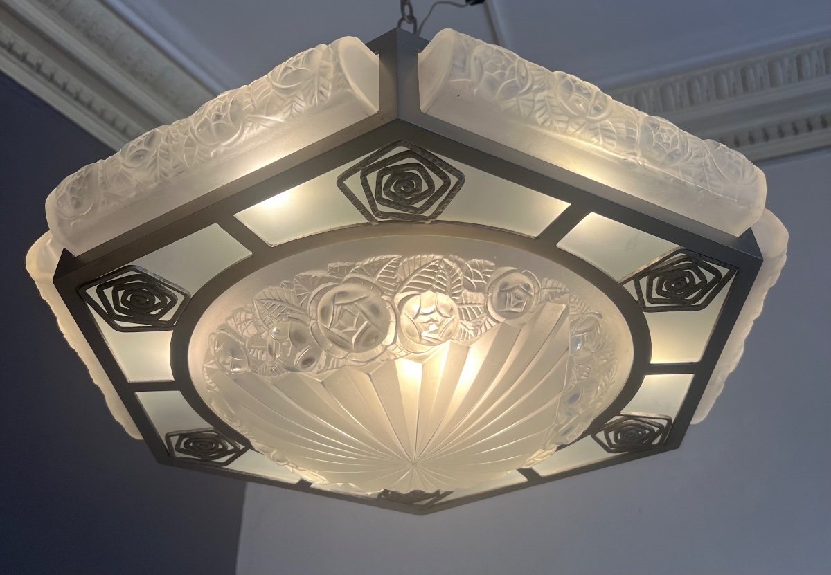 Superb And Rare Art Deco Chandelier / Ceiling Lamp  Signed Degué ( Art Deco Chandelier 1930 ) -photo-2