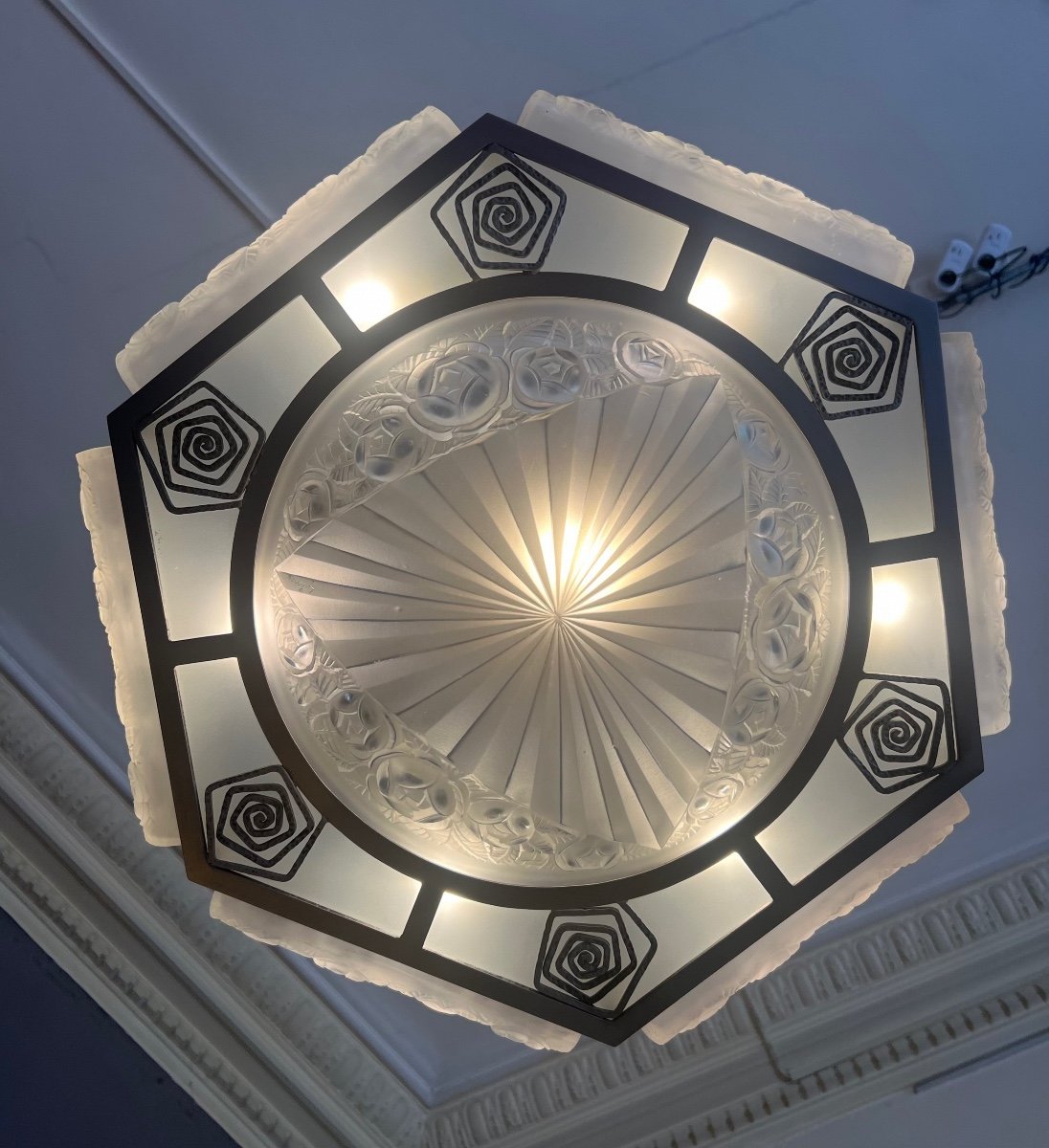 Superb And Rare Art Deco Chandelier / Ceiling Lamp  Signed Degué ( Art Deco Chandelier 1930 ) -photo-3