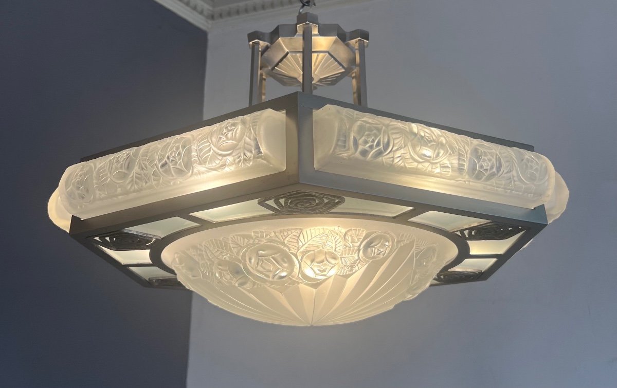 Superb And Rare Art Deco Chandelier / Ceiling Lamp  Signed Degué ( Art Deco Chandelier 1930 ) -photo-2