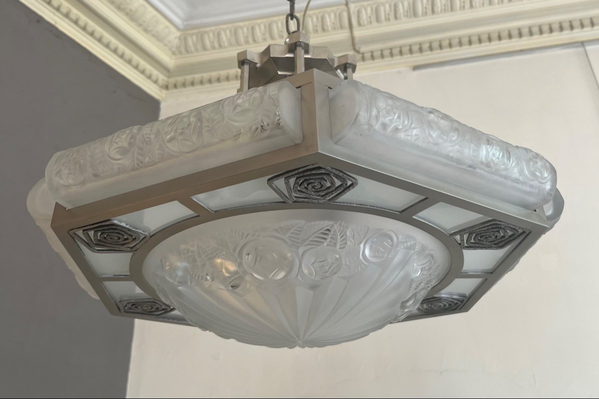 Superb And Rare Art Deco Chandelier / Ceiling Lamp  Signed Degué ( Art Deco Chandelier 1930 ) -photo-7