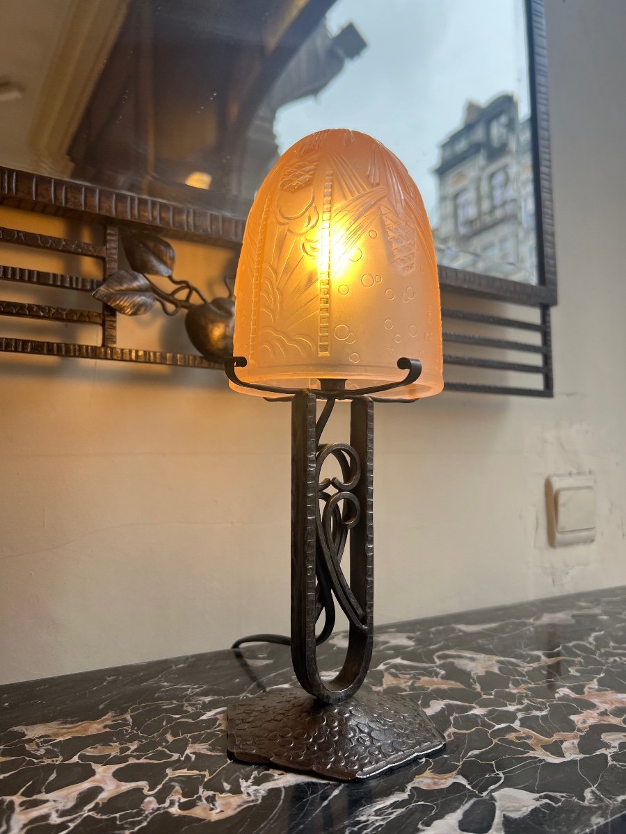 Art Deco Lamp "landscape With Ears Of Corn" Signed Müller Frères Lunéville (art Deco 1930)-photo-3