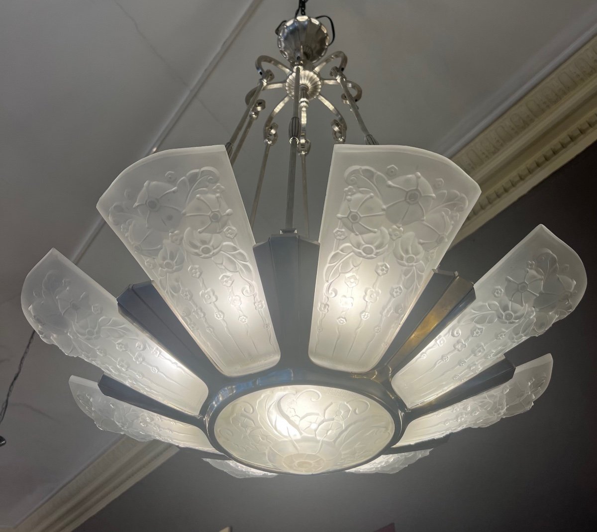 Extraordinary And Extremely Rare Art Deco Chandelier With 9 Glassworks Signed Müller Frères (art Deco 1930-photo-1
