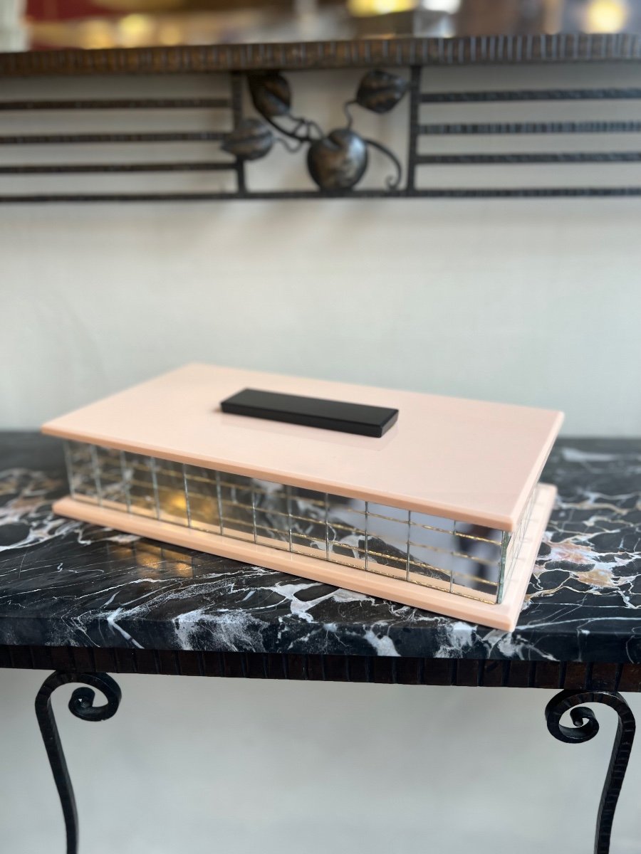 Large Art Deco Marbrite Jewelry Box {pink/black} And Mirrors/glass (art Deco 1930)-photo-2