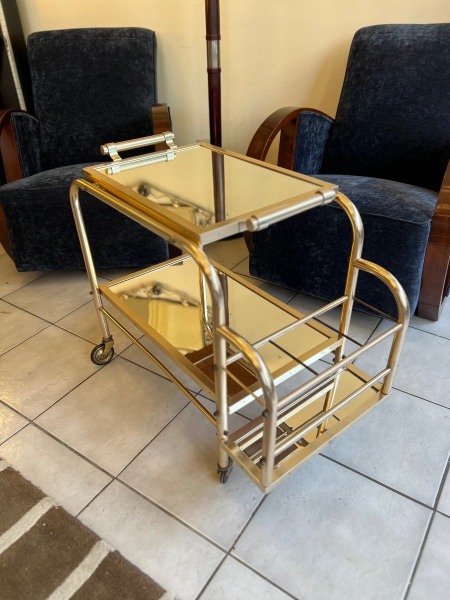Magnificent Art Deco Rolling Cart / Bar Jacques Adnet (after) In Aluminum (art Deco 1940-photo-2