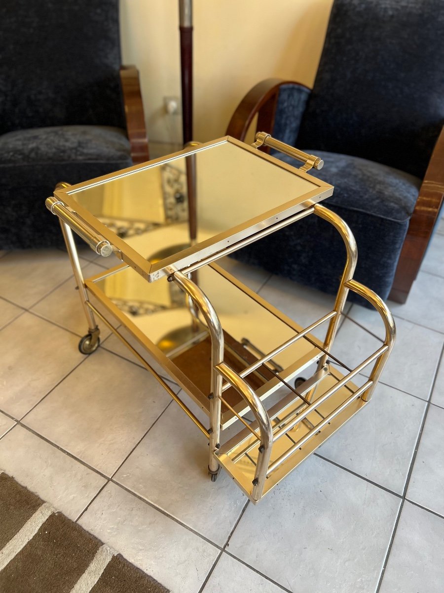 Magnificent Art Deco Rolling Cart / Bar Jacques Adnet (after) In Aluminum (art Deco 1940-photo-3