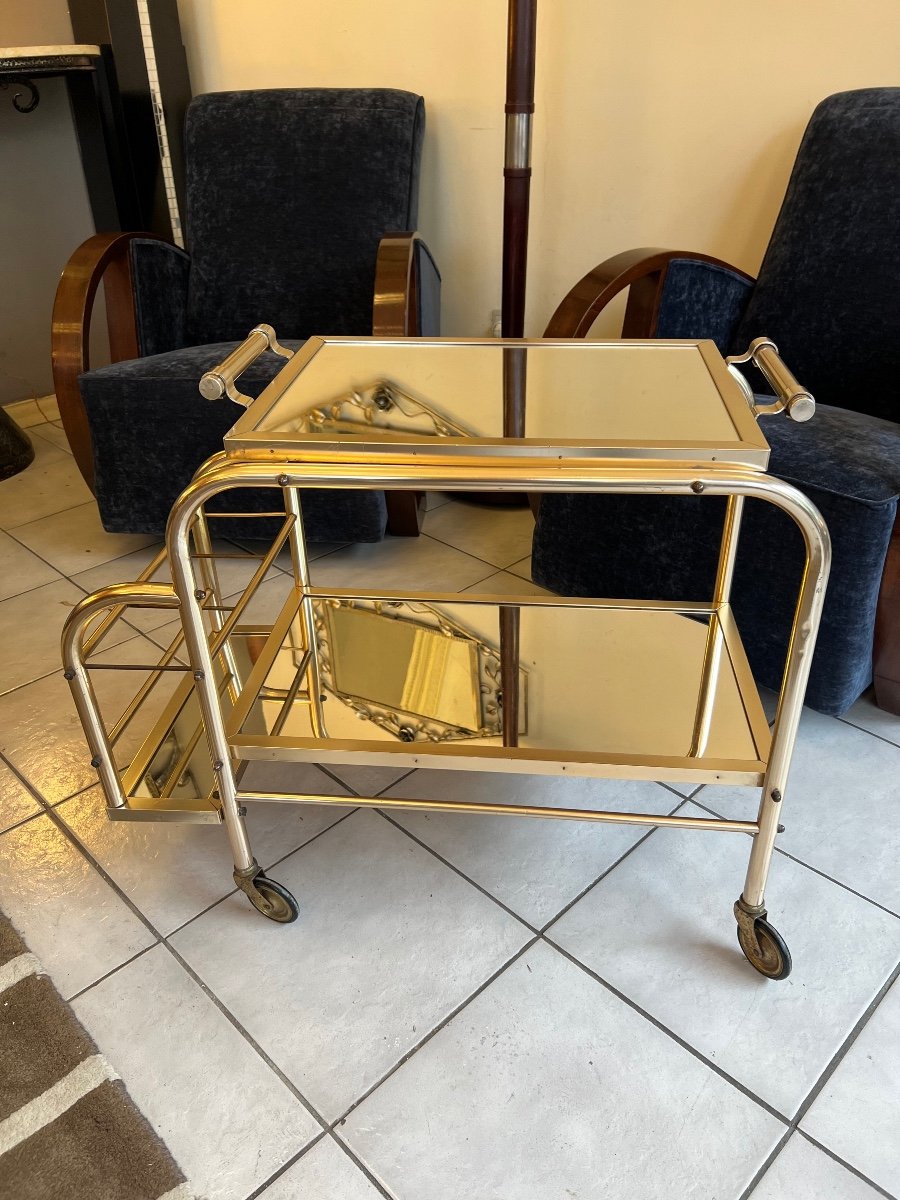 Magnificent Art Deco Rolling Cart / Bar Jacques Adnet (after) In Aluminum (art Deco 1940-photo-4