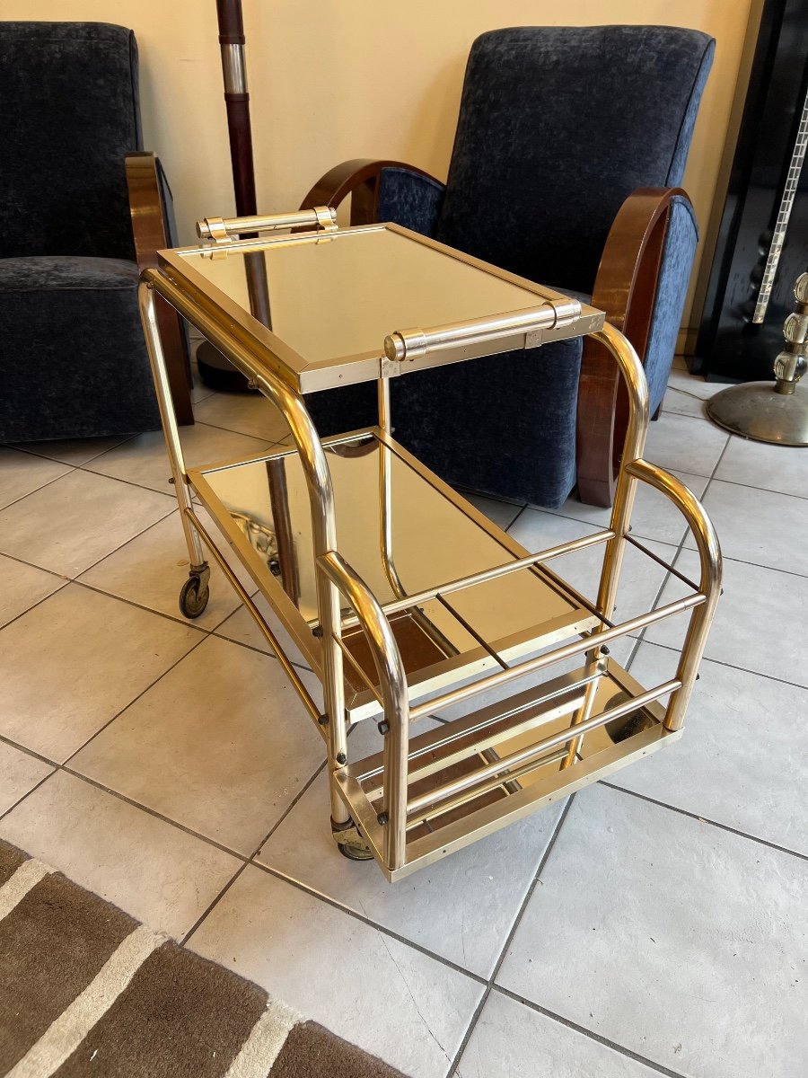 Magnificent Art Deco Rolling Cart / Bar Jacques Adnet (after) In Aluminum (art Deco 1940-photo-1