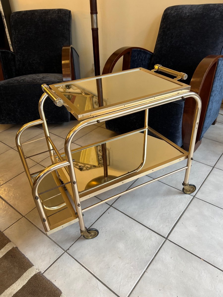 Magnificent Art Deco Rolling Cart / Bar Jacques Adnet (after) In Aluminum (art Deco 1940-photo-2