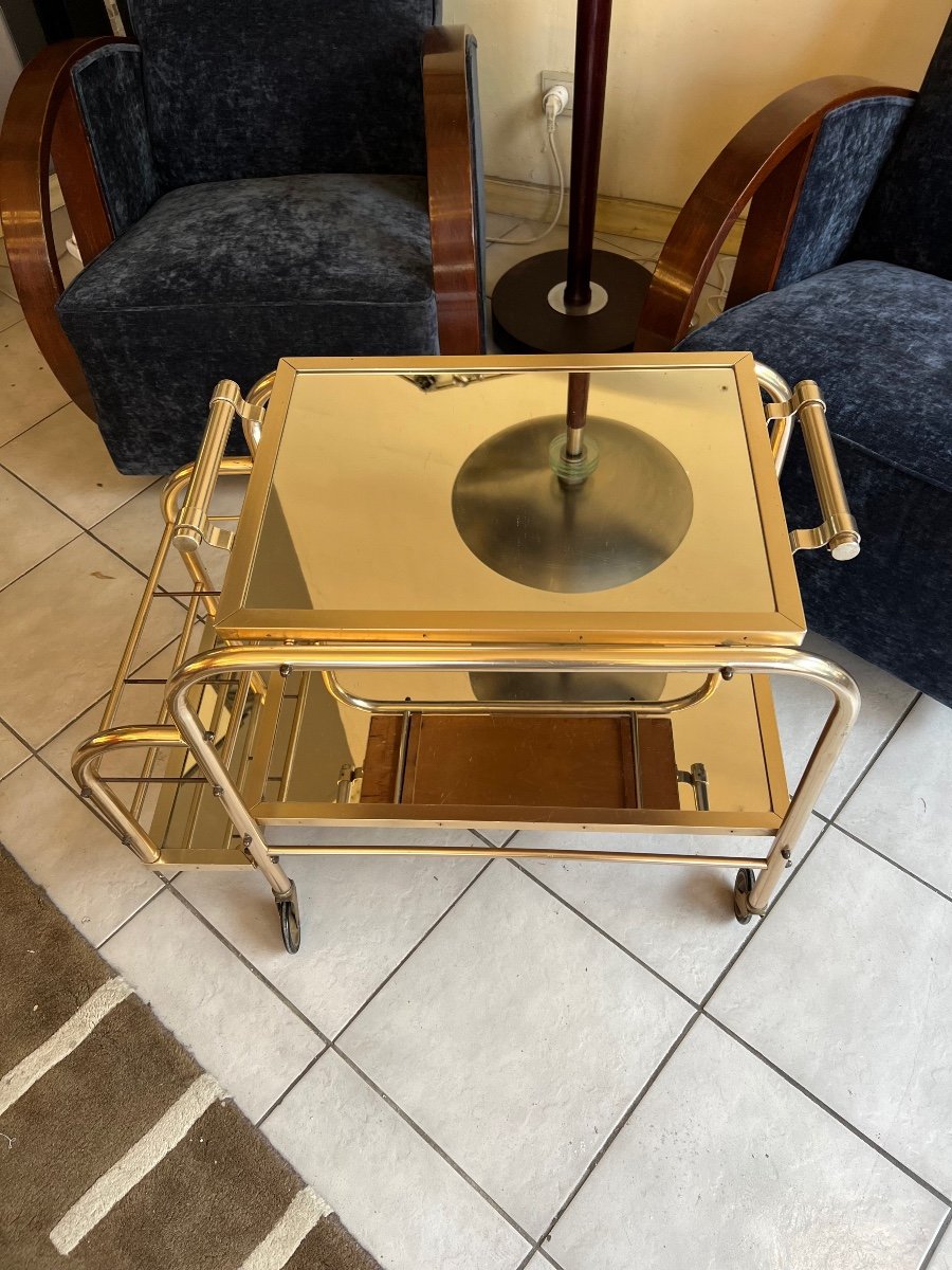 Magnificent Art Deco Rolling Cart / Bar Jacques Adnet (after) In Aluminum (art Deco 1940-photo-3