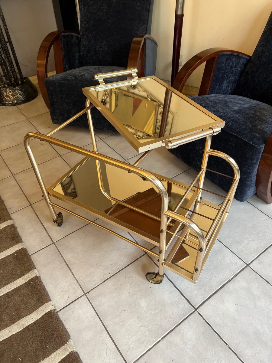 Magnificent Art Deco Rolling Cart / Bar Jacques Adnet (after) In Aluminum (art Deco 1940-photo-4