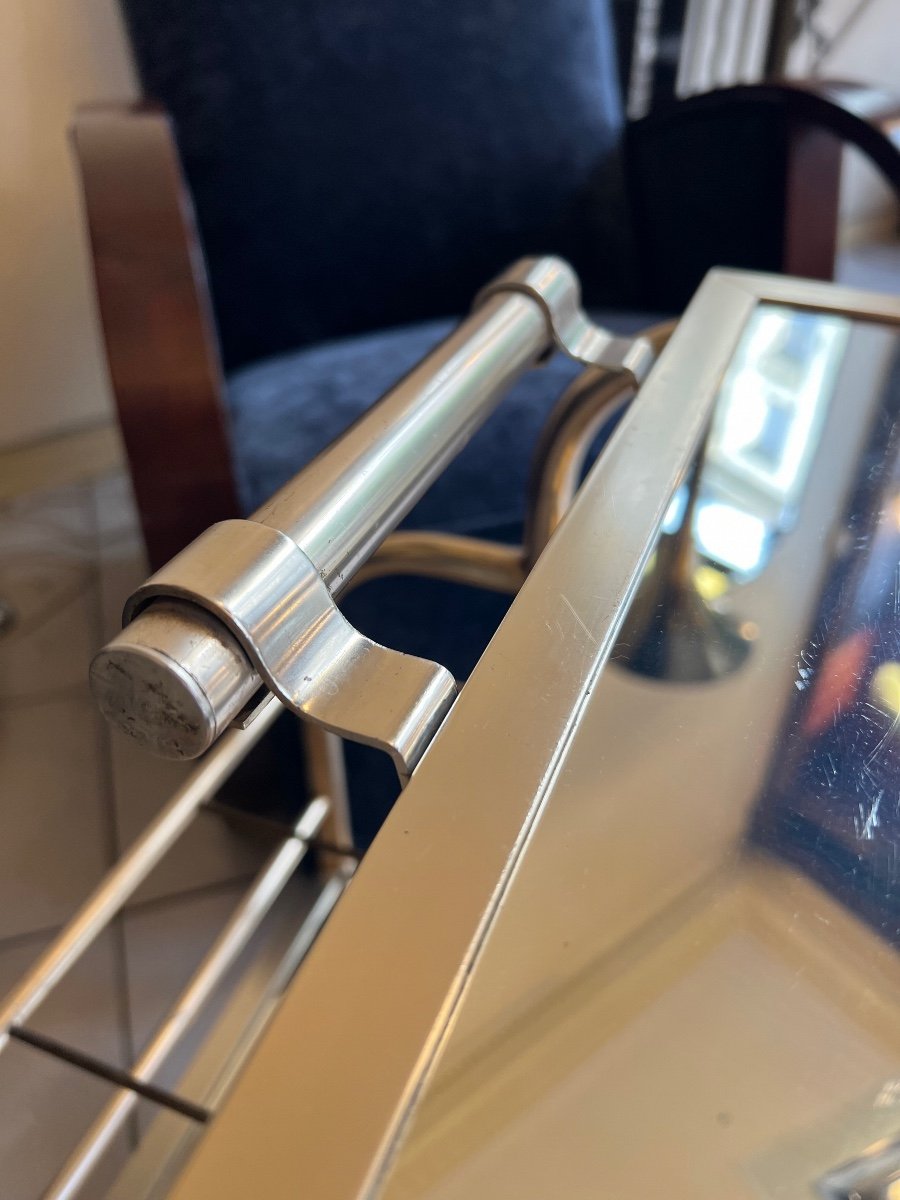 Magnificent Art Deco Rolling Cart / Bar Jacques Adnet (after) In Aluminum (art Deco 1940-photo-6