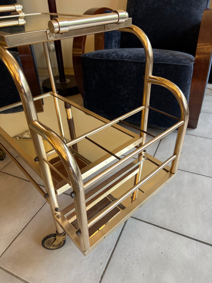 Magnificent Art Deco Rolling Cart / Bar Jacques Adnet (after) In Aluminum (art Deco 1940-photo-7
