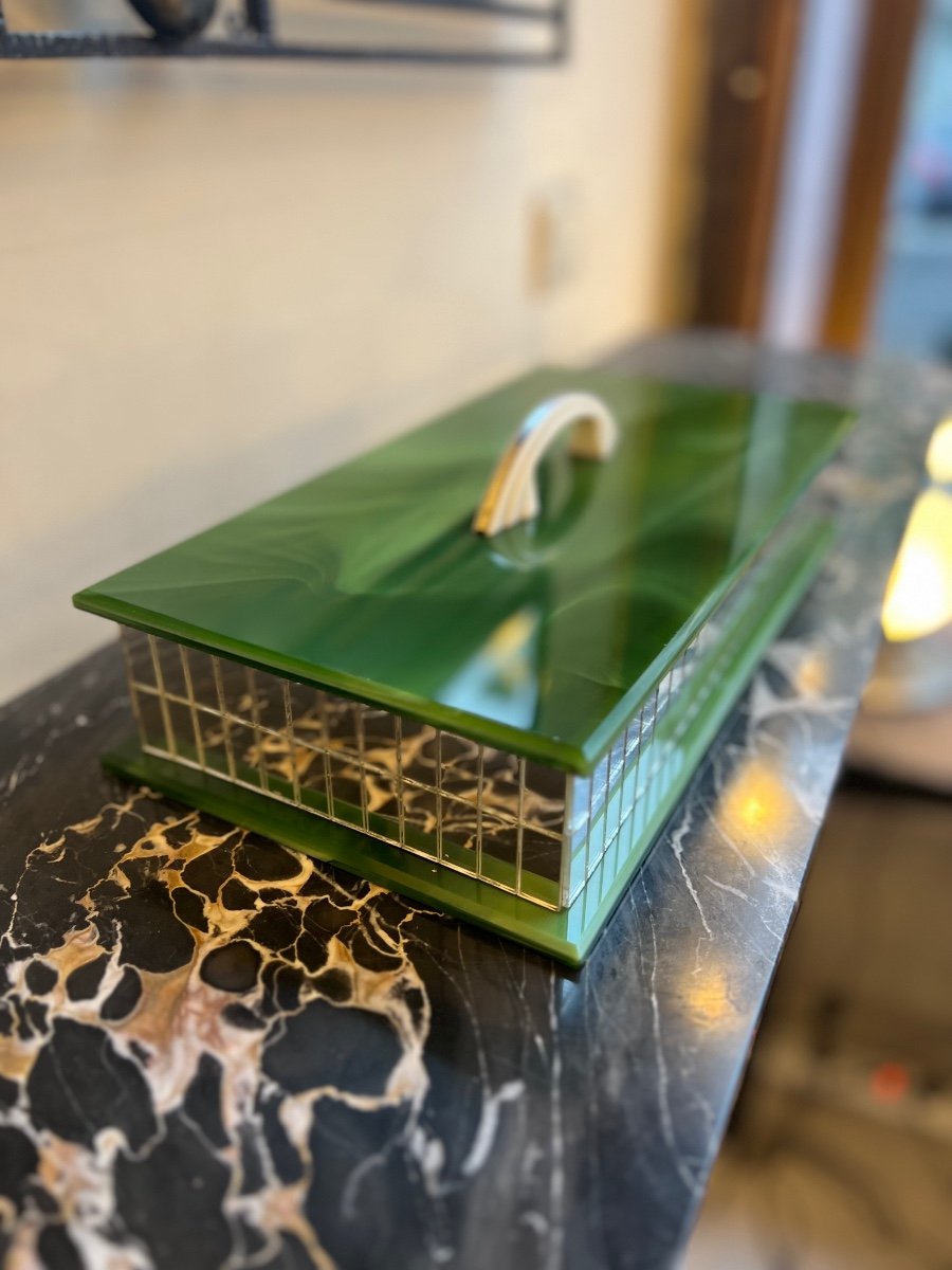 Grande Boîte à Bijoux Art Déco En Marbrite Verte Veinée Et Miroirs + Anse Ivoire Art Deco 1930 -photo-2