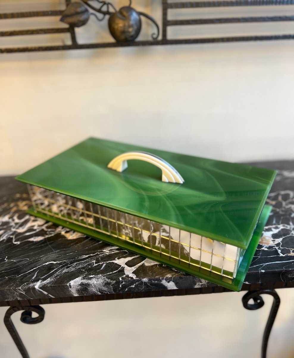 Grande Boîte à Bijoux Art Déco En Marbrite Verte Veinée Et Miroirs + Anse Ivoire Art Deco 1930 -photo-4