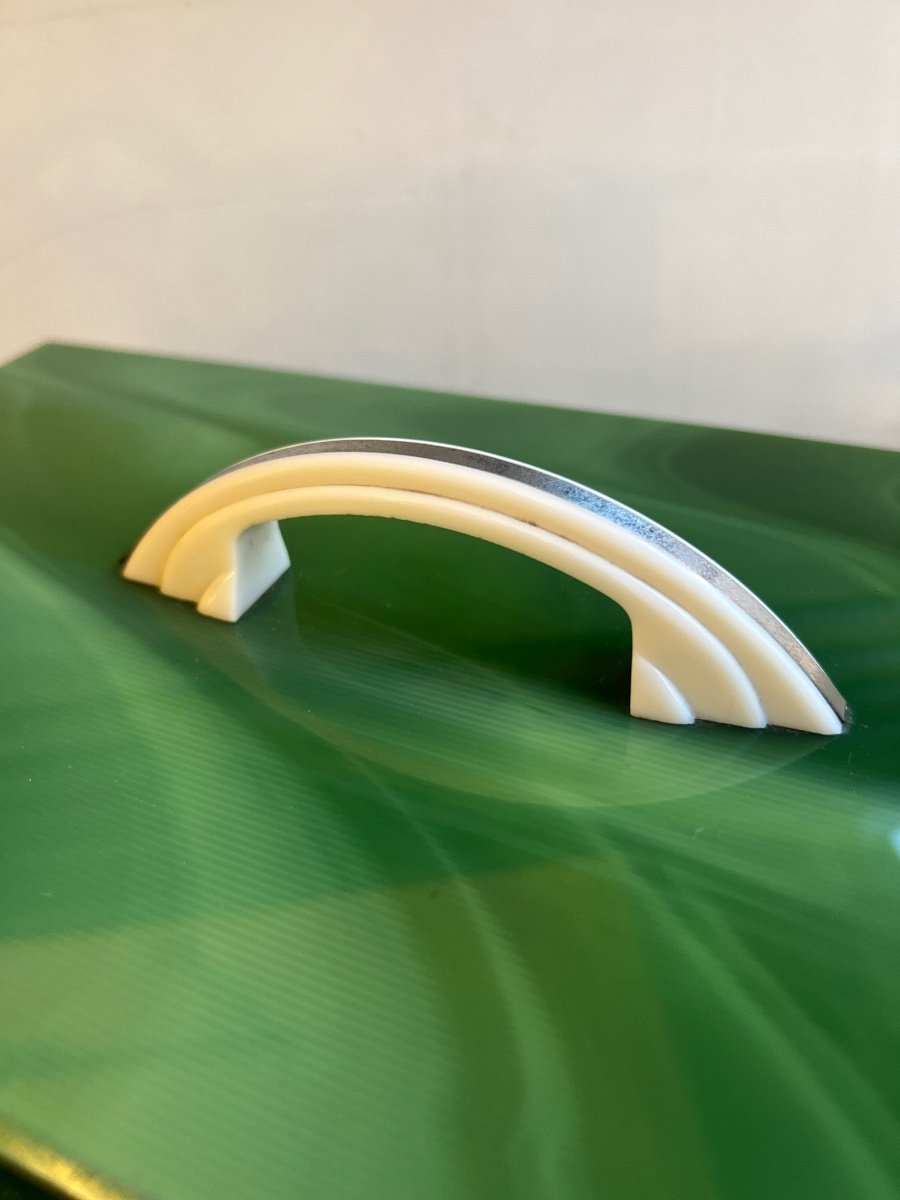 Grande Boîte à Bijoux Art Déco En Marbrite Verte Veinée Et Miroirs + Anse Ivoire Art Deco 1930 -photo-5