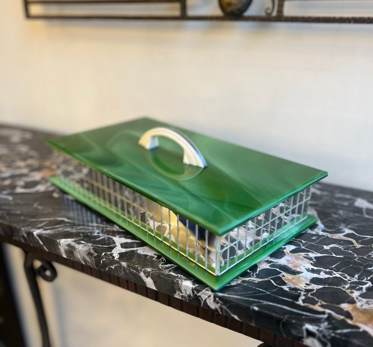 Grande Boîte à Bijoux Art Déco En Marbrite Verte Veinée Et Miroirs + Anse Ivoire Art Deco 1930 
