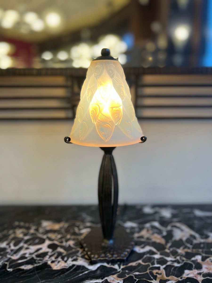 Rare Lampe Art Déco  Sabino « Ecailles {aux} Poissons » Opalescente Et Signée ( Art Deco 1930 -photo-2