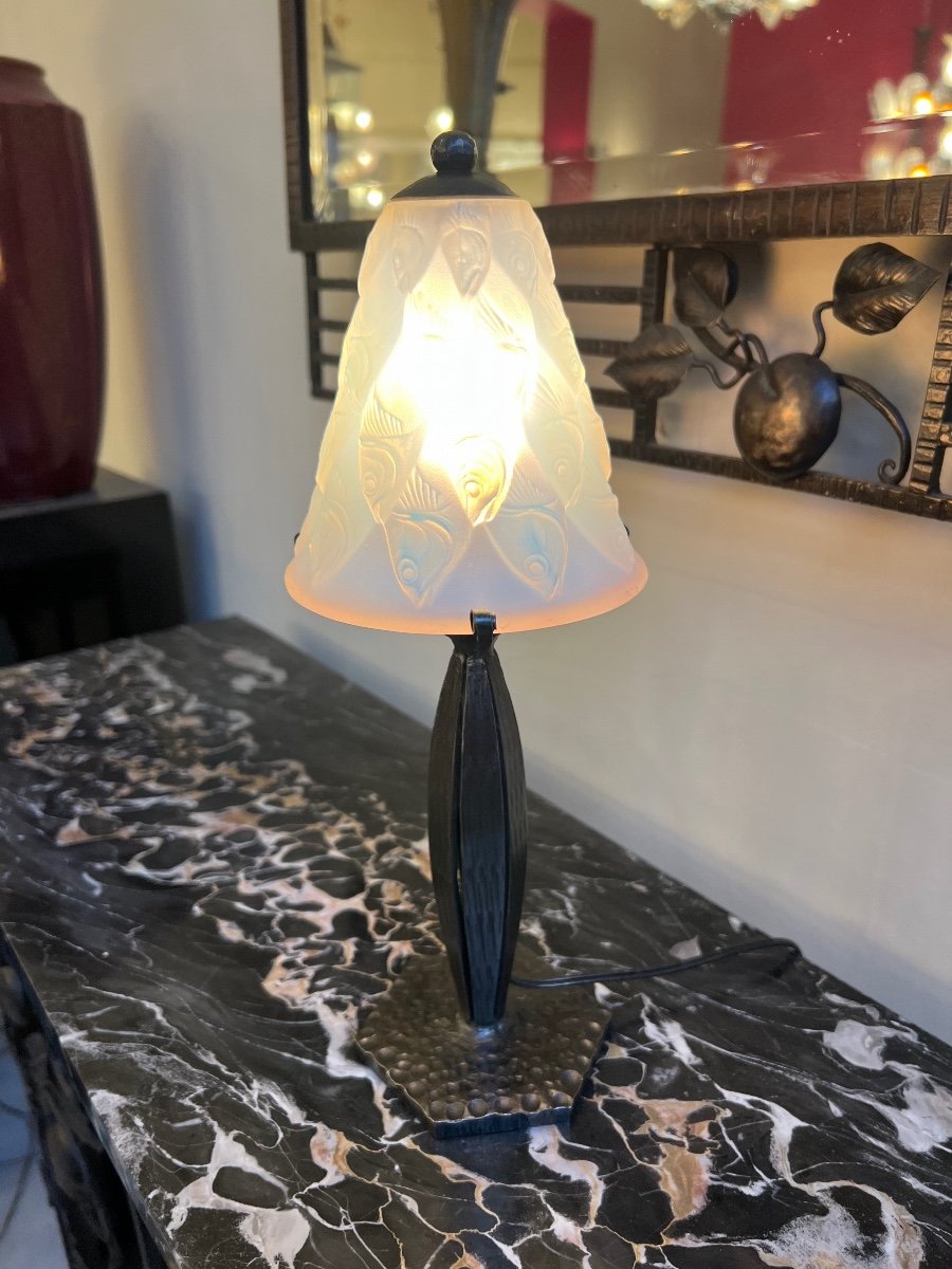 Rare Lampe Art Déco  Sabino « Ecailles {aux} Poissons » Opalescente Et Signée ( Art Deco 1930 -photo-3