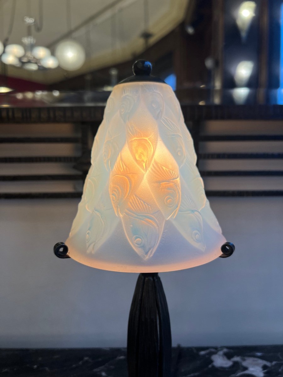 Rare Lampe Art Déco  Sabino « Ecailles {aux} Poissons » Opalescente Et Signée ( Art Deco 1930 -photo-4