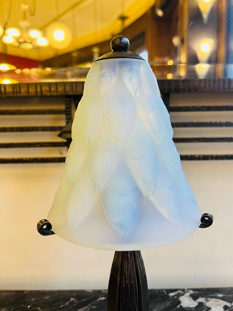 Rare Lampe Art Déco  Sabino « Ecailles {aux} Poissons » Opalescente Et Signée ( Art Deco 1930 -photo-2