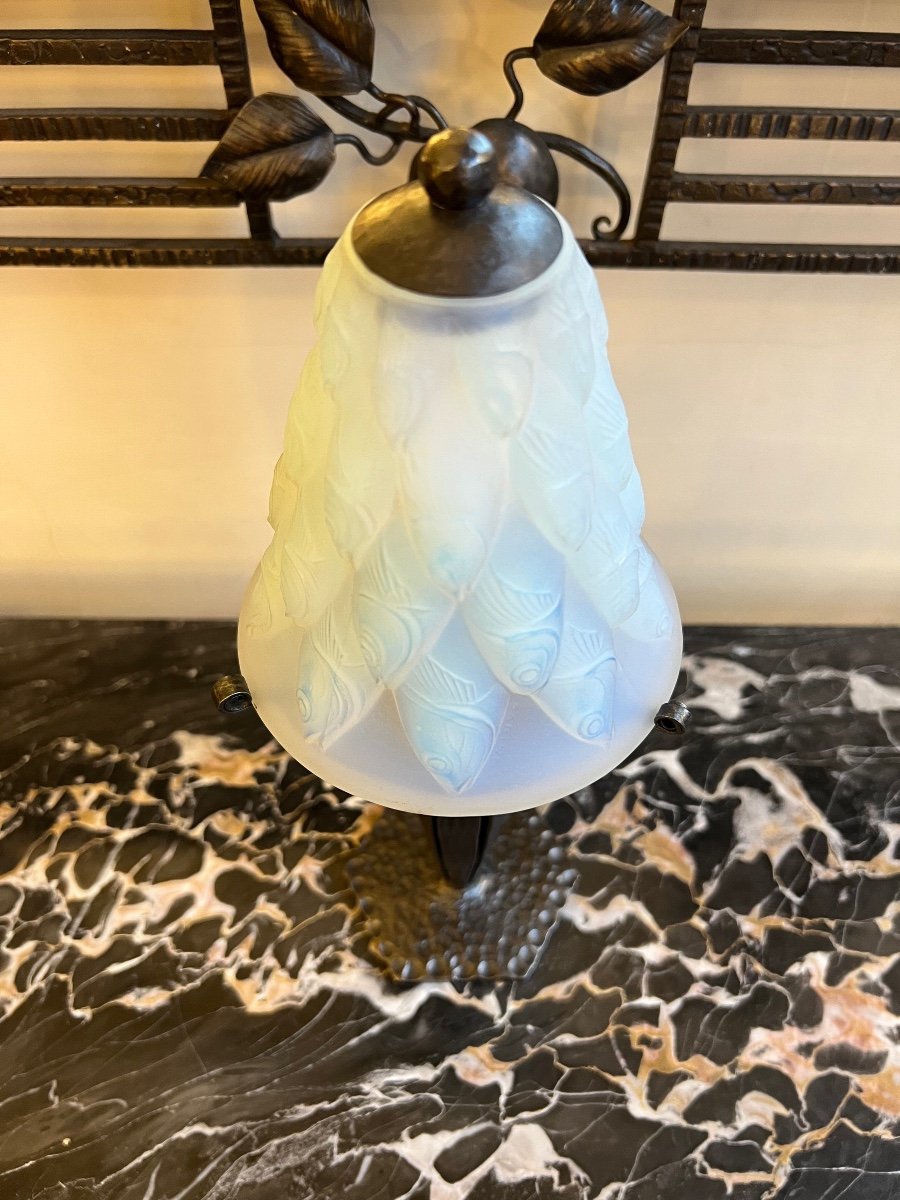 Rare Lampe Art Déco  Sabino « Ecailles {aux} Poissons » Opalescente Et Signée ( Art Deco 1930 -photo-8