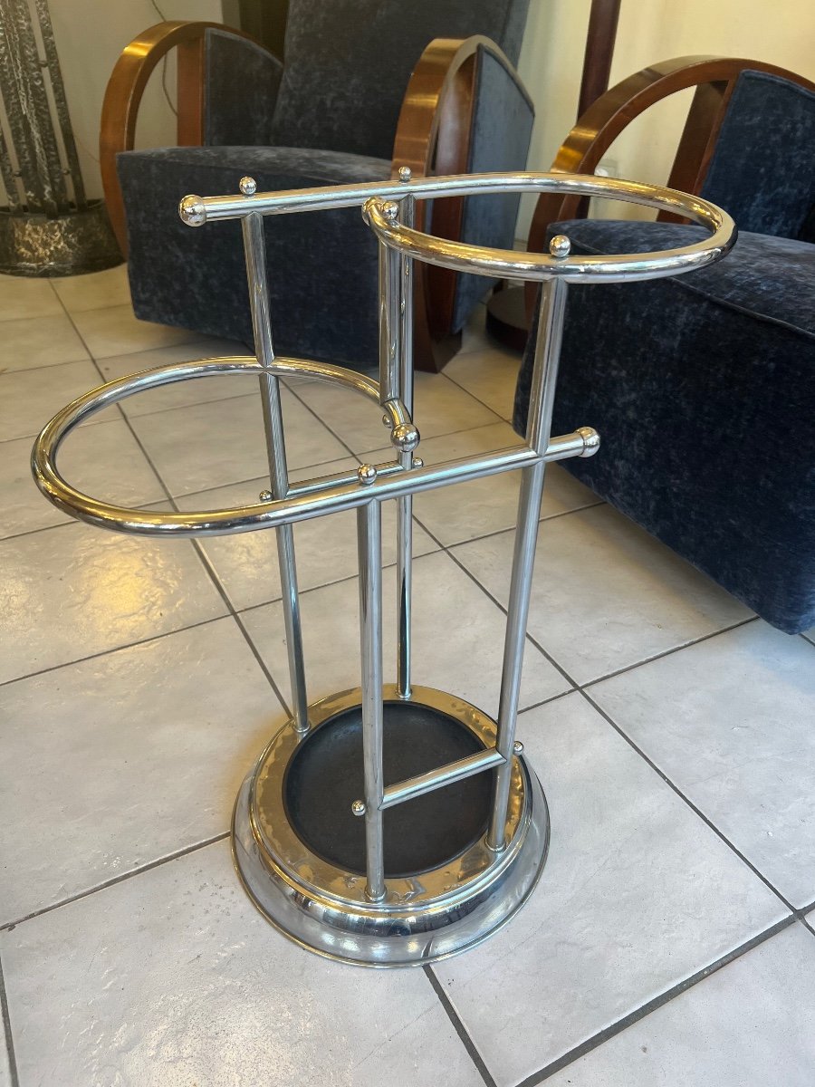 Art Deco Umbrella Stand And Cane Holder In Chromed Tubular Metal (art Deco Coats 1930-photo-2