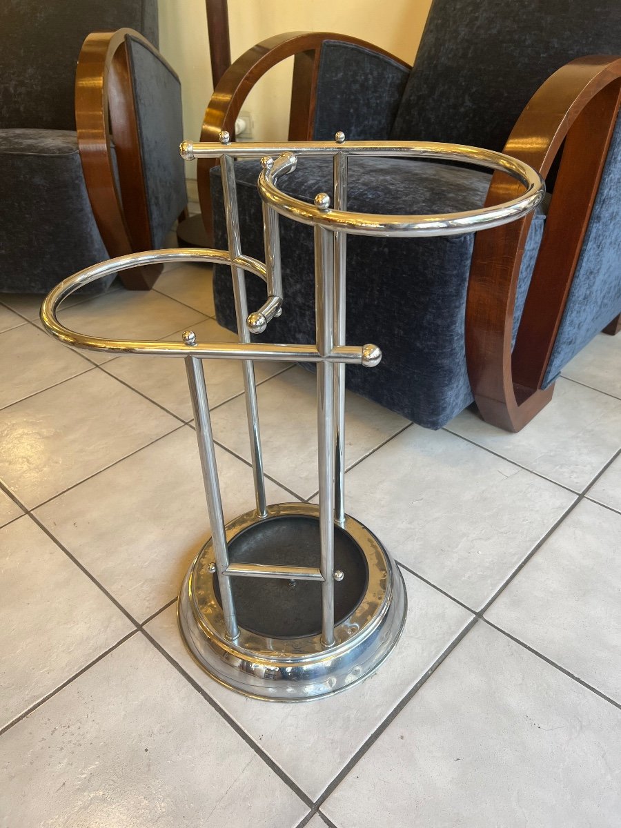 Art Deco Umbrella Stand And Cane Holder In Chromed Tubular Metal (art Deco Coats 1930-photo-4