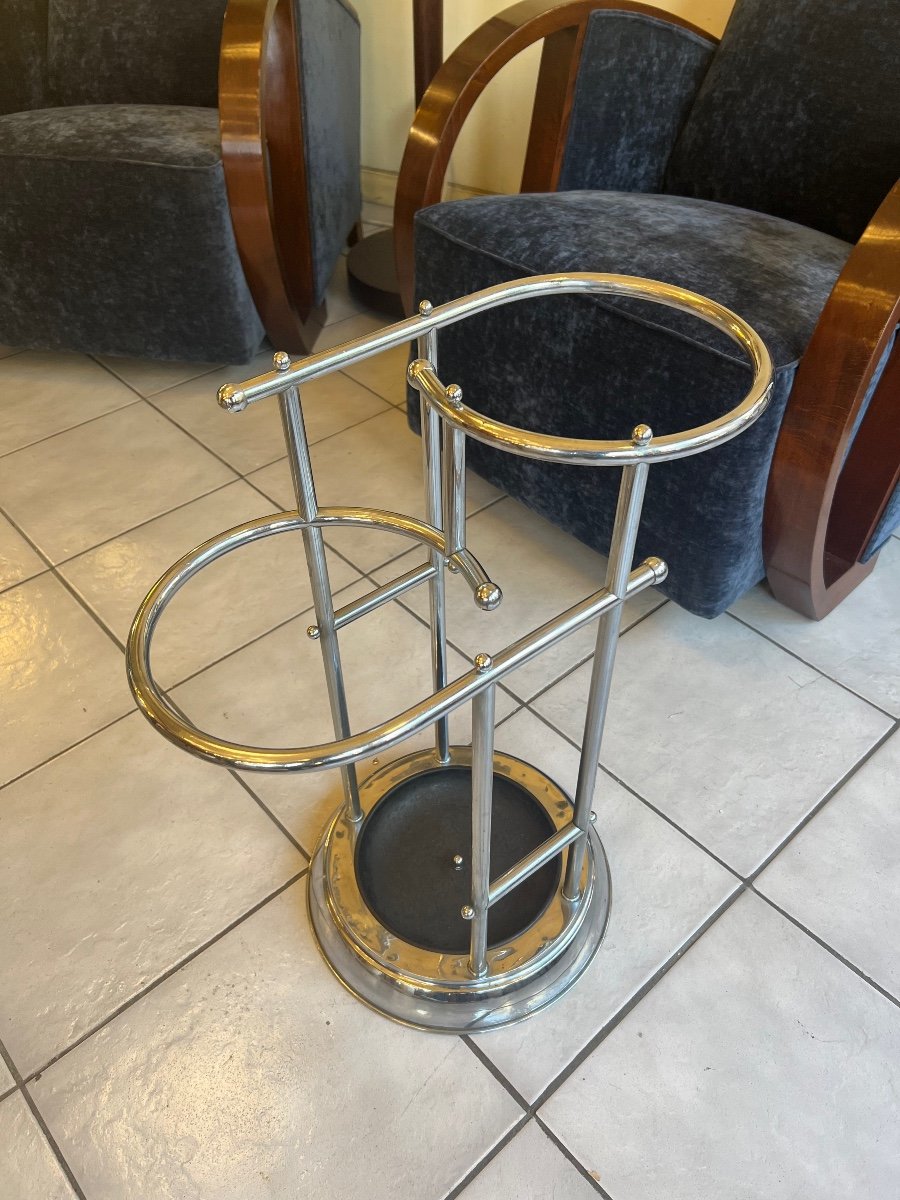 Art Deco Umbrella Stand And Cane Holder In Chromed Tubular Metal (art Deco Coats 1930-photo-1