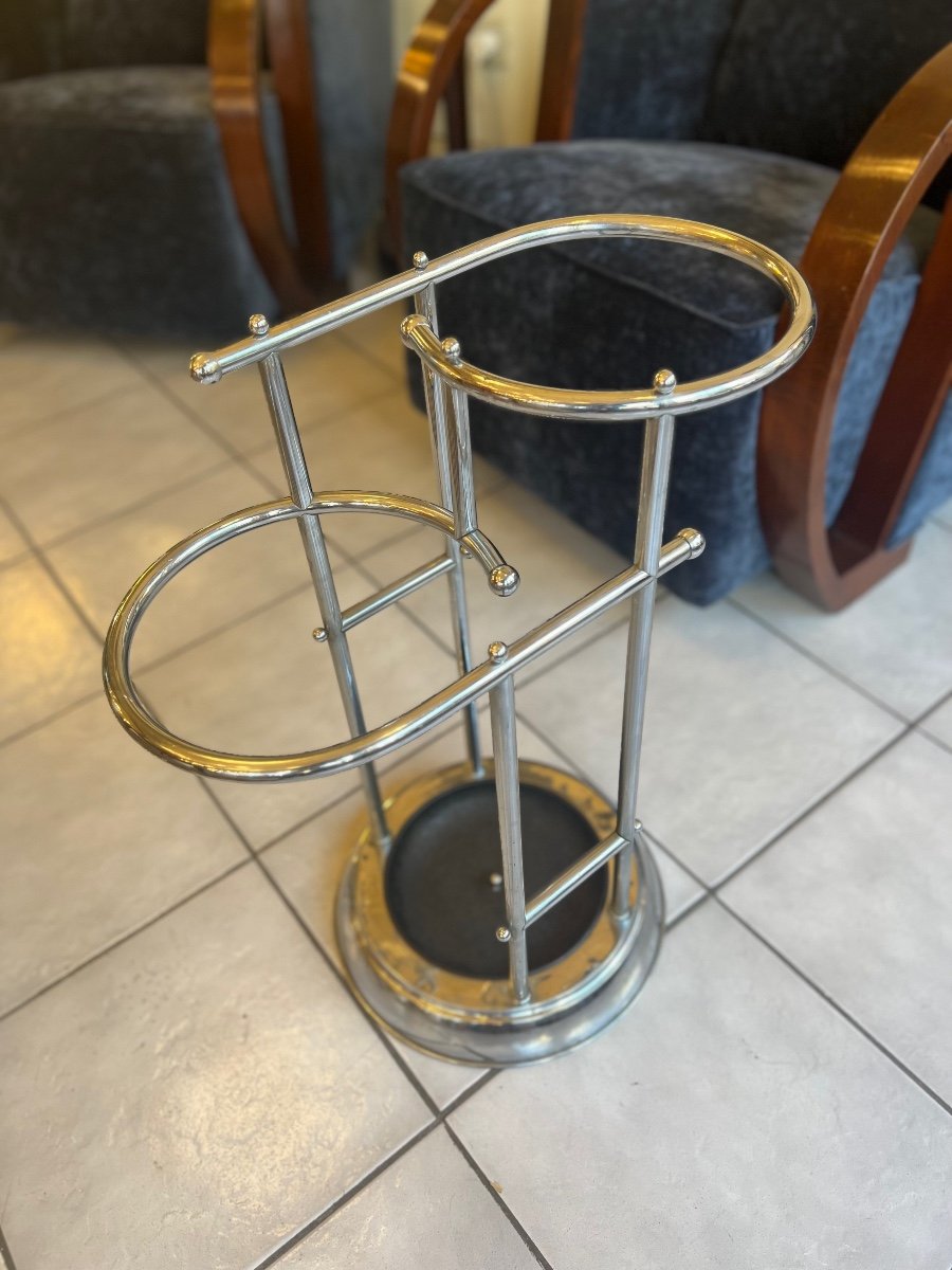 Art Deco Umbrella Stand And Cane Holder In Chromed Tubular Metal (art Deco Coats 1930