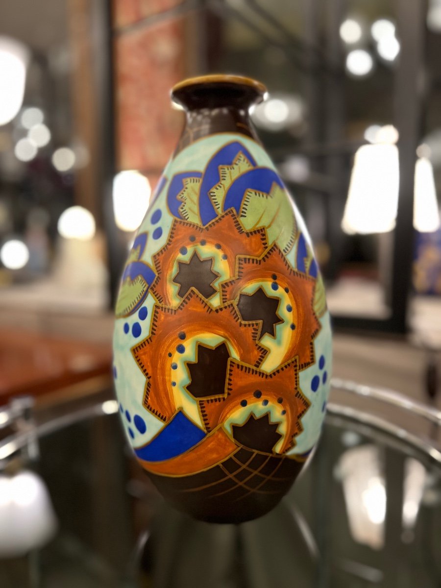 Superb Art Deco Catteau / Kéramis Vase With Extremely Rare Decor Signed { D.2244 } (art Deco Vase 1930-photo-2