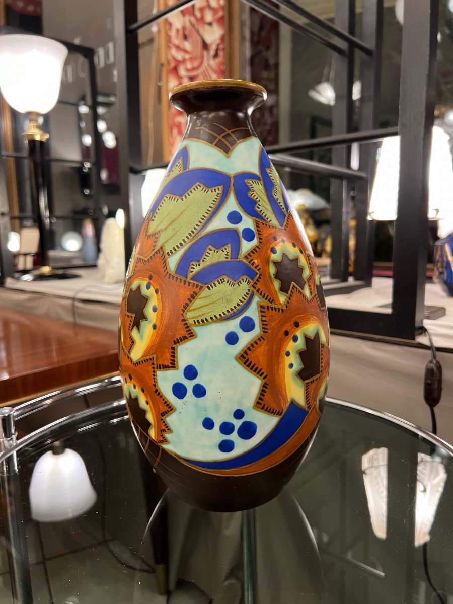 Superb Art Deco Catteau / Kéramis Vase With Extremely Rare Decor Signed { D.2244 } (art Deco Vase 1930-photo-3