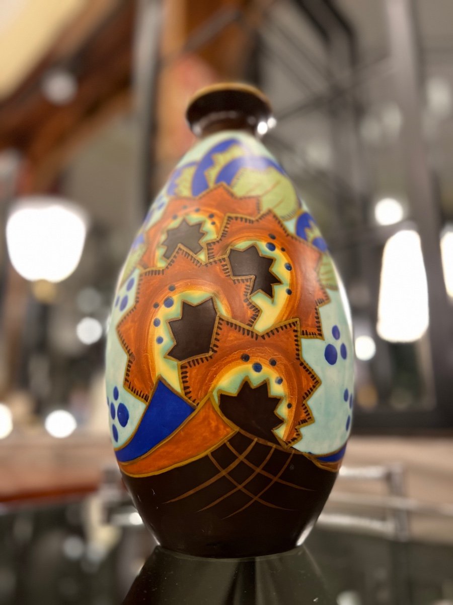 Superb Art Deco Catteau / Kéramis Vase With Extremely Rare Decor Signed { D.2244 } (art Deco Vase 1930-photo-4