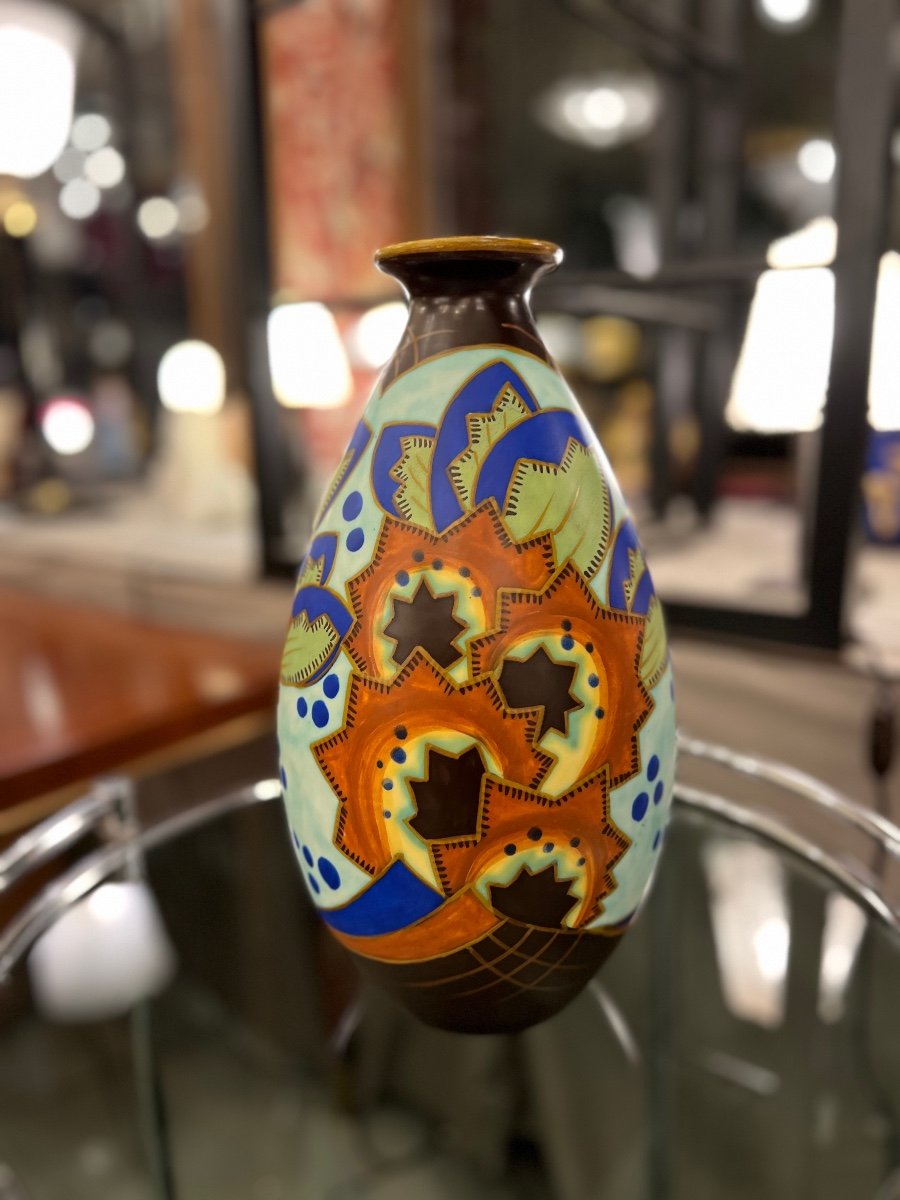 Superb Art Deco Catteau / Kéramis Vase With Extremely Rare Decor Signed { D.2244 } (art Deco Vase 1930