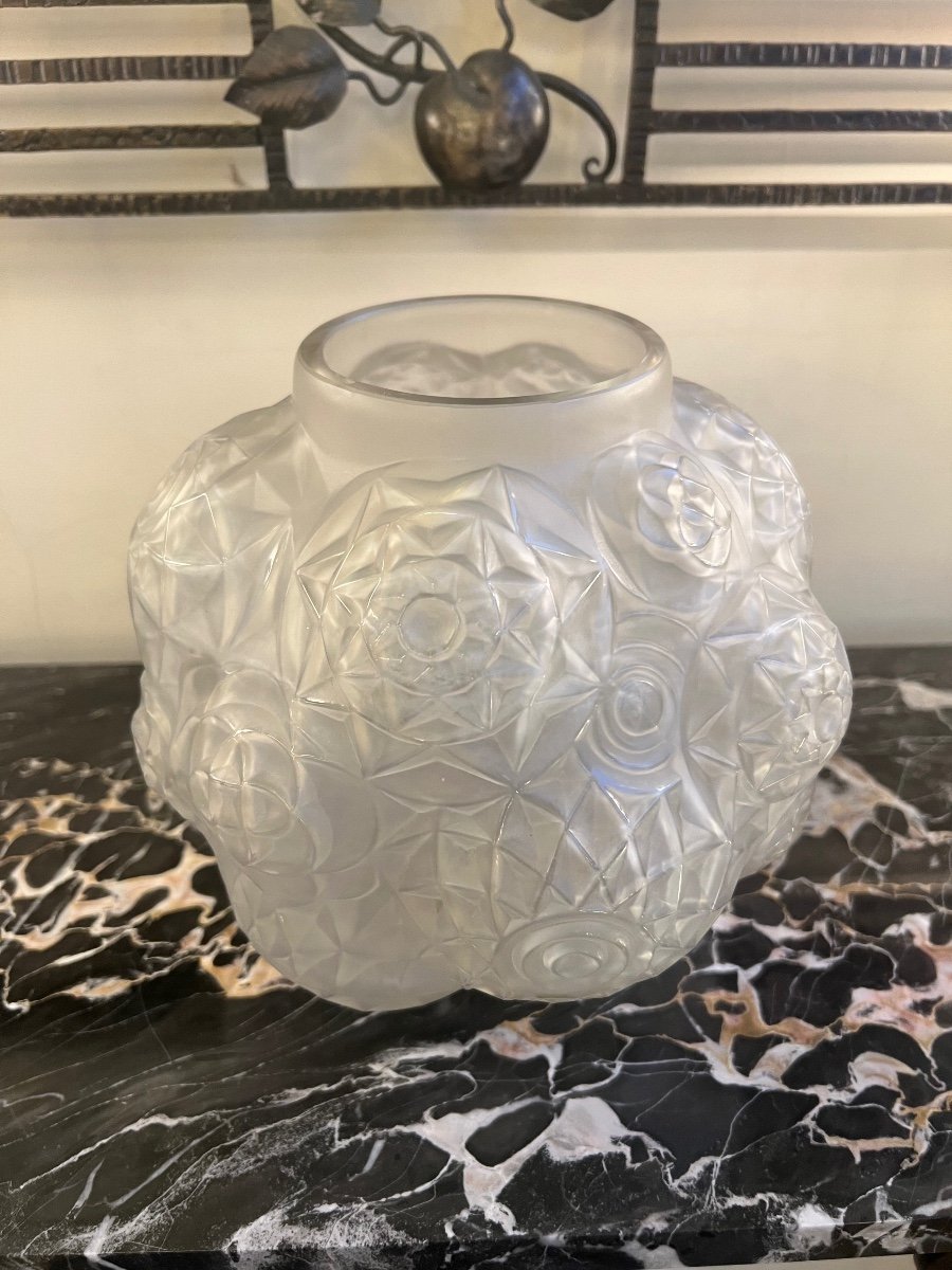 Exceptionnel Vase « Boule » Art Déco  A. Hunebelle Et R. Cognéville « Dahlia » Signé (  1930 ) -photo-3